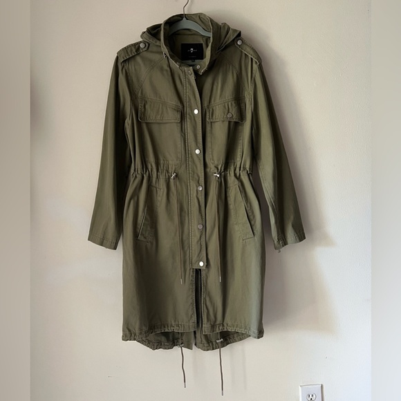 7 For All Mankind Army Green Utility Jacket Hoodie Cinch waist hem detail Sz M - Picture 1 of 11
